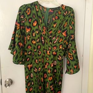 Womens Green Leopard Print Flared Sleeve Jumpsuit